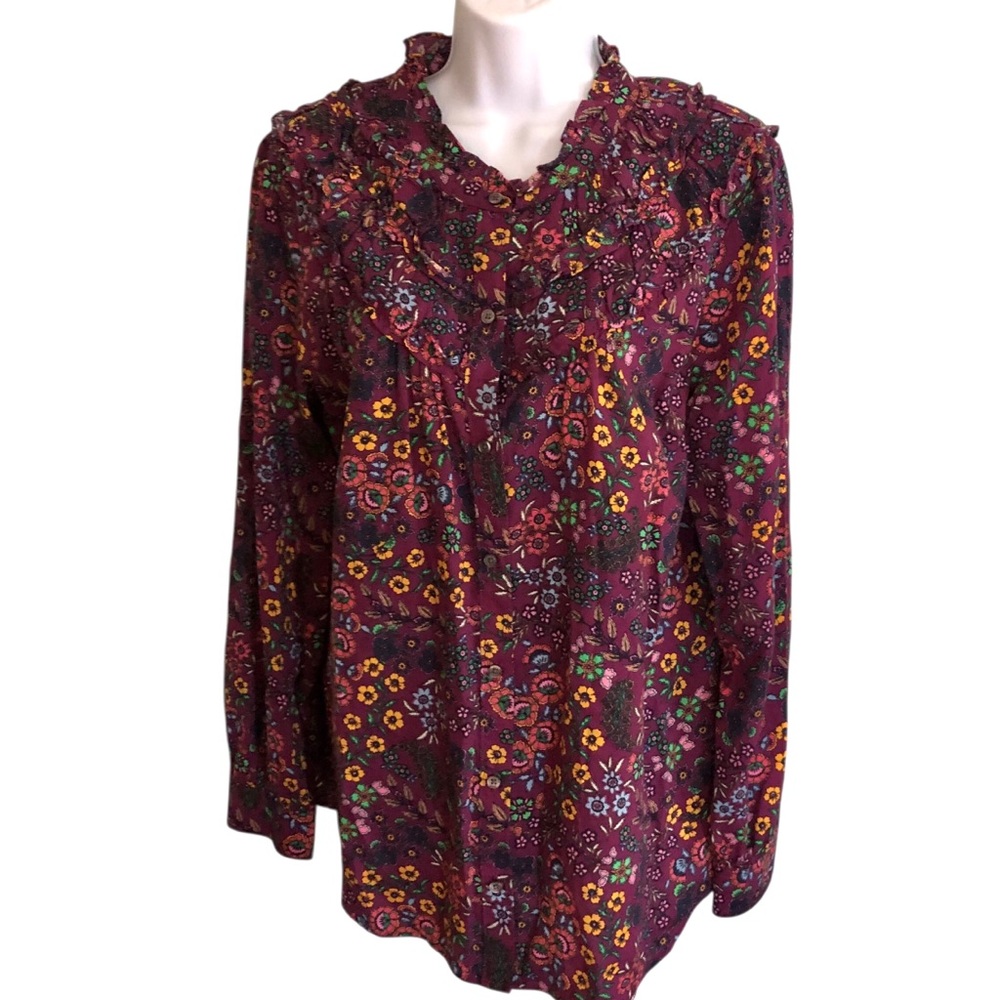 Talbots Sz L Colorful Feminine Blouse Top Button Down Floral Ruffled Office L/S